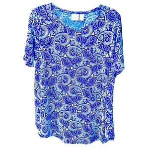 Chico’s Blue Top Tropical Floral Printed Short Sleeve Pullover Shirt Sz 1 (US-8)
